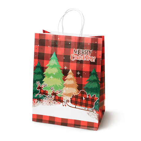 Weihnachts-Papiertragetasche 21+11x27 cm, Weihnachtsmann und Tannenbaum kariert, 4 Stück