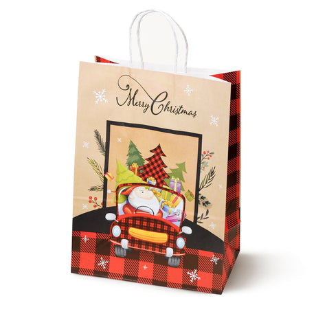 Weihnachts-Papiertragetasche 21+11x27 cm, Weihnachtsmann und Tannenbaum kariert, 4 Stück