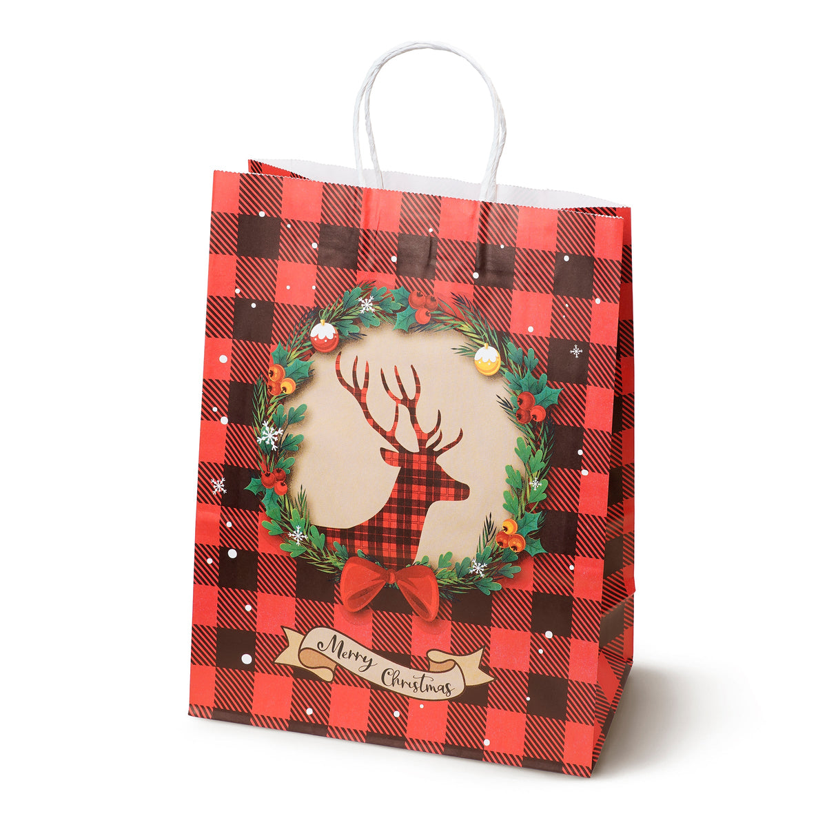 Weihnachts-Papiertragetasche 21+11x27 cm, Weihnachtsmann und Tannenbaum kariert, 4 Stück