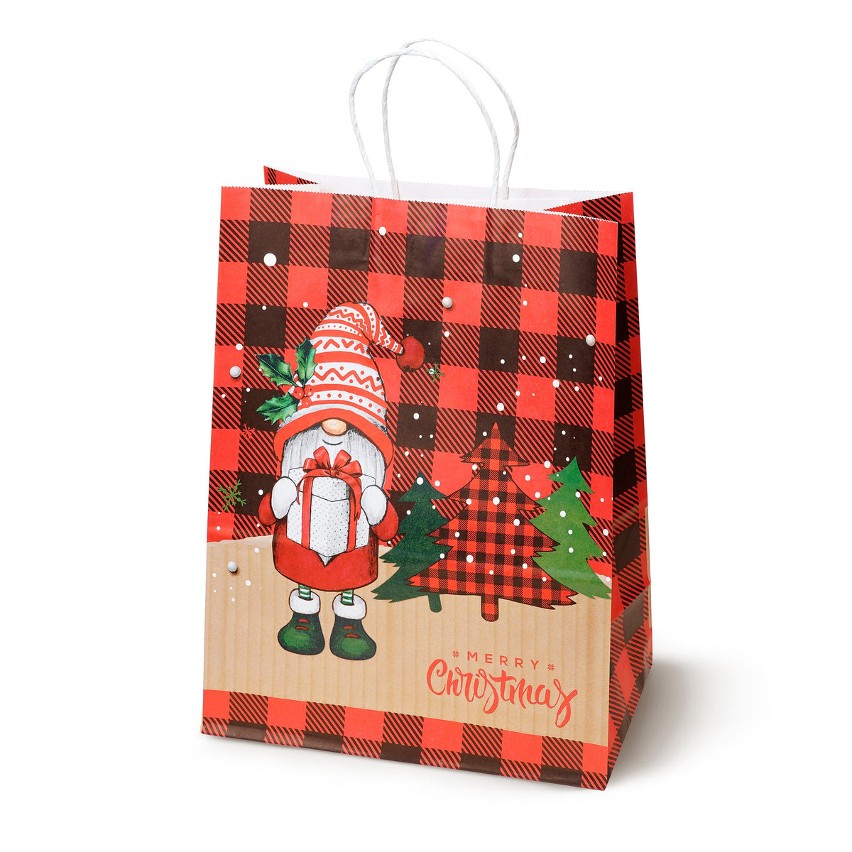 Weihnachts-Papiertragetasche 21+11x27 cm, Weihnachtsmann und Tannenbaum kariert, 4 Stück