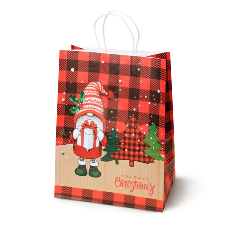 Weihnachts-Papiertragetasche 21+11x27 cm, Weihnachtsmann und Tannenbaum kariert, 4 Stück