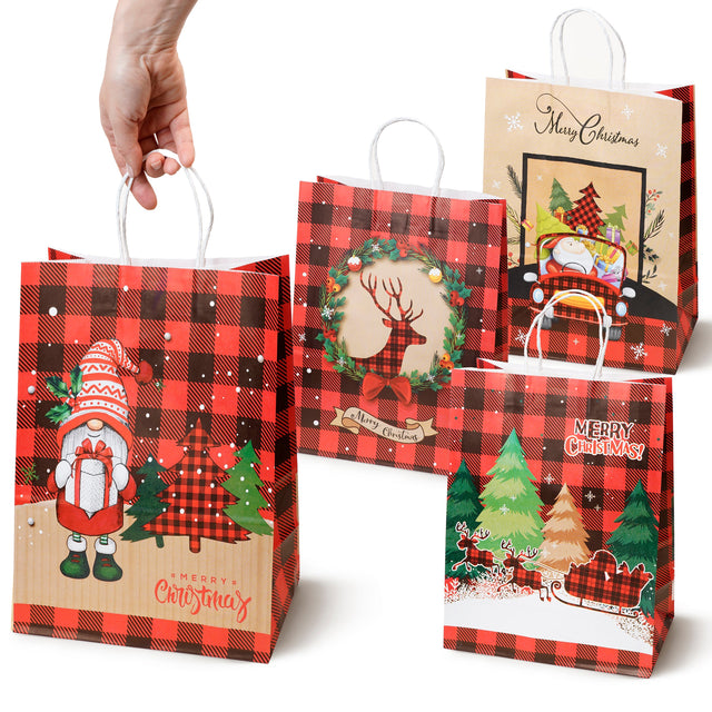 Weihnachts-Papiertragetasche 21+11x27 cm, Weihnachtsmann und Tannenbaum kariert, 4 Stück