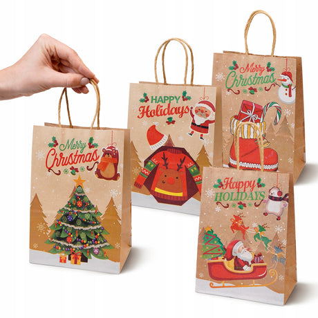 Weihnachts-Papiertragetasche 15+8x21 cm, Happy Holidays, 4 Stück
