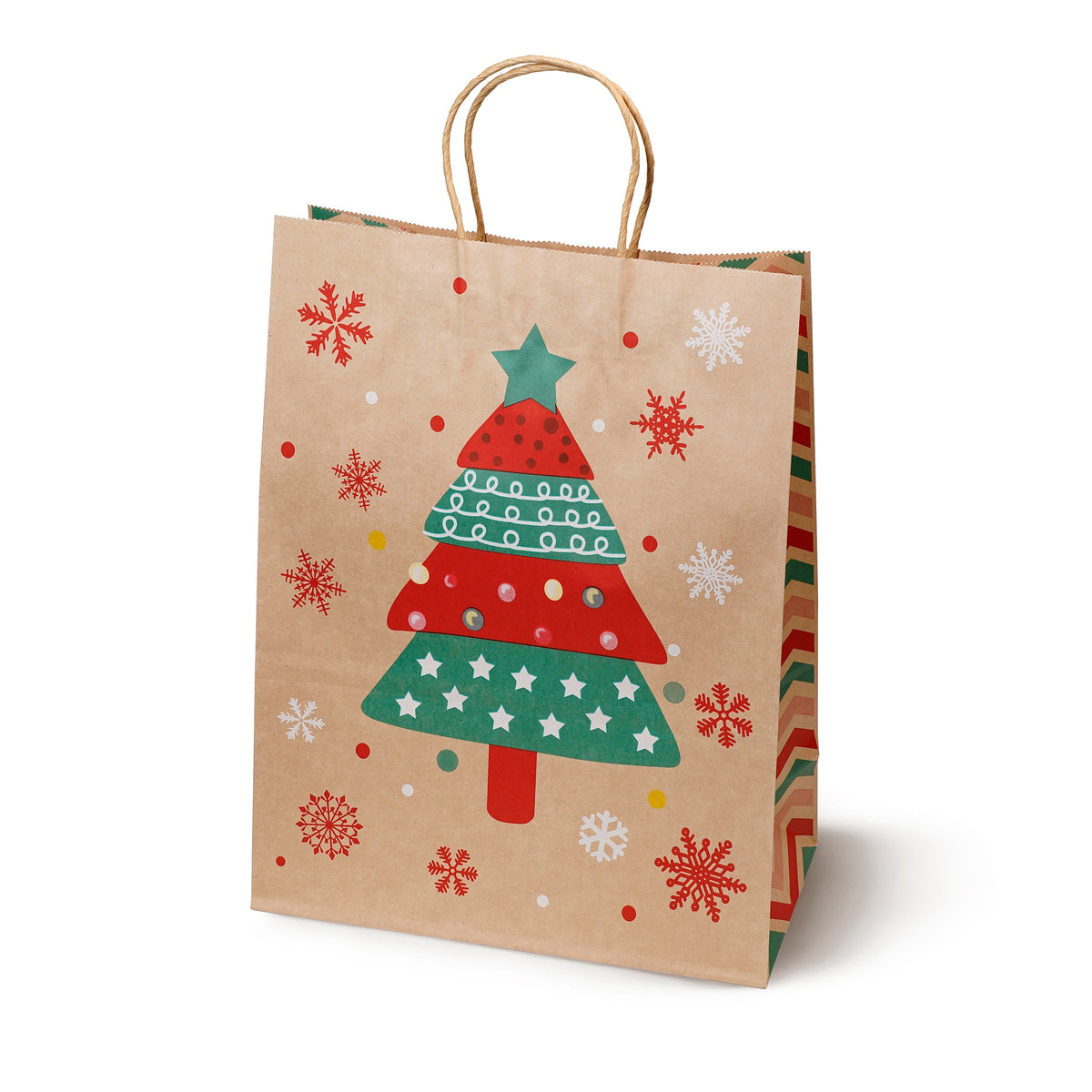 Weihnachts-Papiertragetasche 21+11x27 cm, Rentier, Tannenbaum, Schlitten, Mütze, 4 Stück