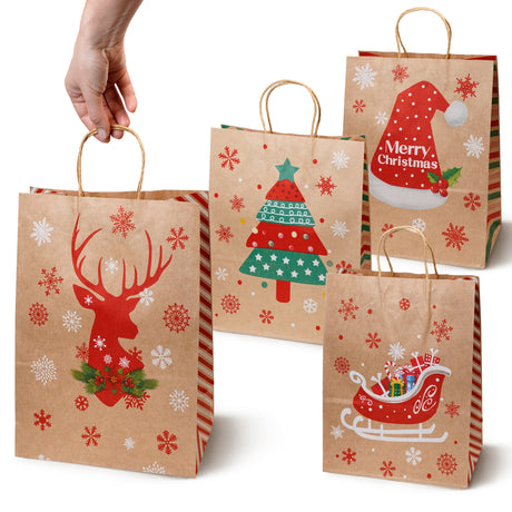 Weihnachts-Papiertragetasche 15+8x21 cm, Rentier, Tannenbaum, Schlitten, Mütze, 4 Stück