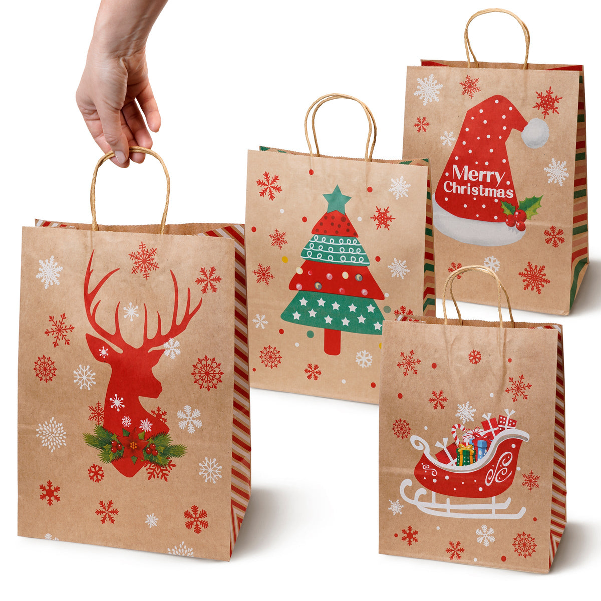 Weihnachts-Papiertragetasche 21+11x27 cm, Rentier, Tannenbaum, Schlitten, Mütze, 4 Stück
