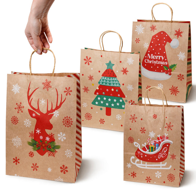 Weihnachts-Papiertragetasche 21+11x27 cm, Rentier, Tannenbaum, Schlitten, Mütze, 4 Stück