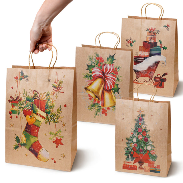 Torba papierowa świąteczna 210x110x270mm Skarpeta Choinka Dzwonek Prezenty 4szt.