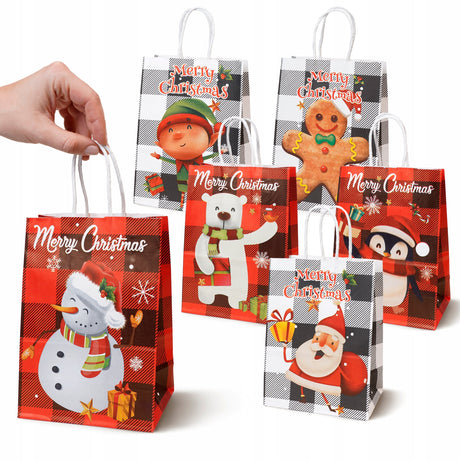 Weihnachts-Papiertragetasche 15+8x21 cm, Merry Christmas Karo, 6 Stück