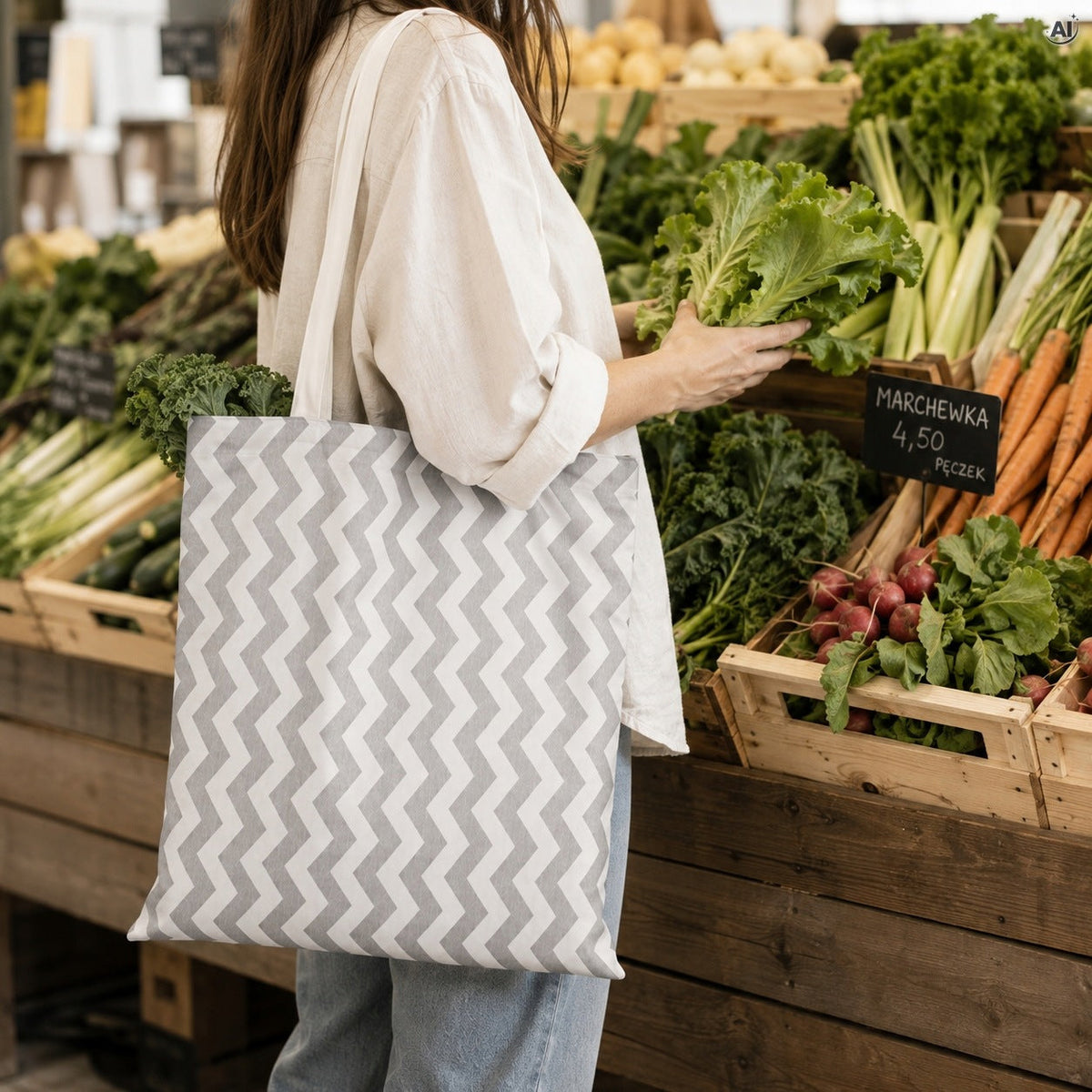 Baumwolltasche 36 x 42 cm, 145 g/m², grau, mit Zickzackmuster
