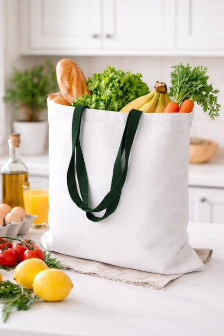 Baumwolltasche 380x420mm Weiß, Grüne Henkel: 70 cm