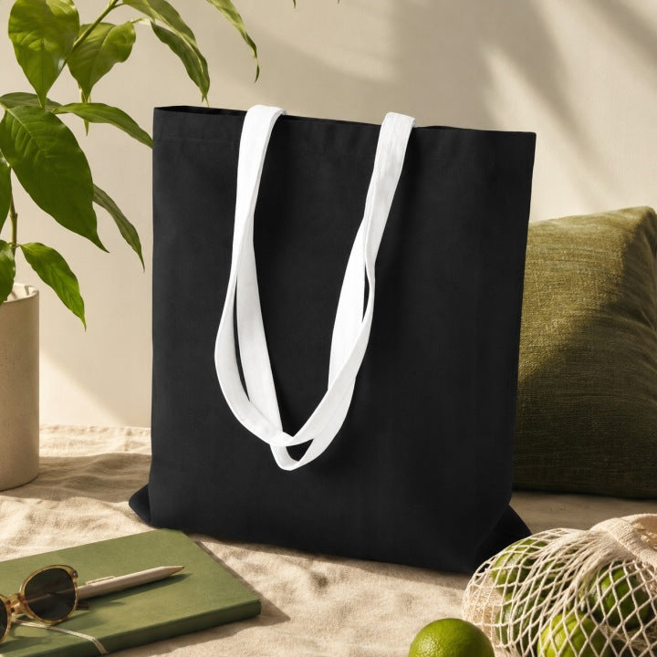 Baumwolltasche 380x420mm Schwarz Henkel: Weiß 70 cm