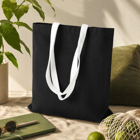Baumwolltasche 380x420mm Schwarz Henkel: Weiß 70 cm