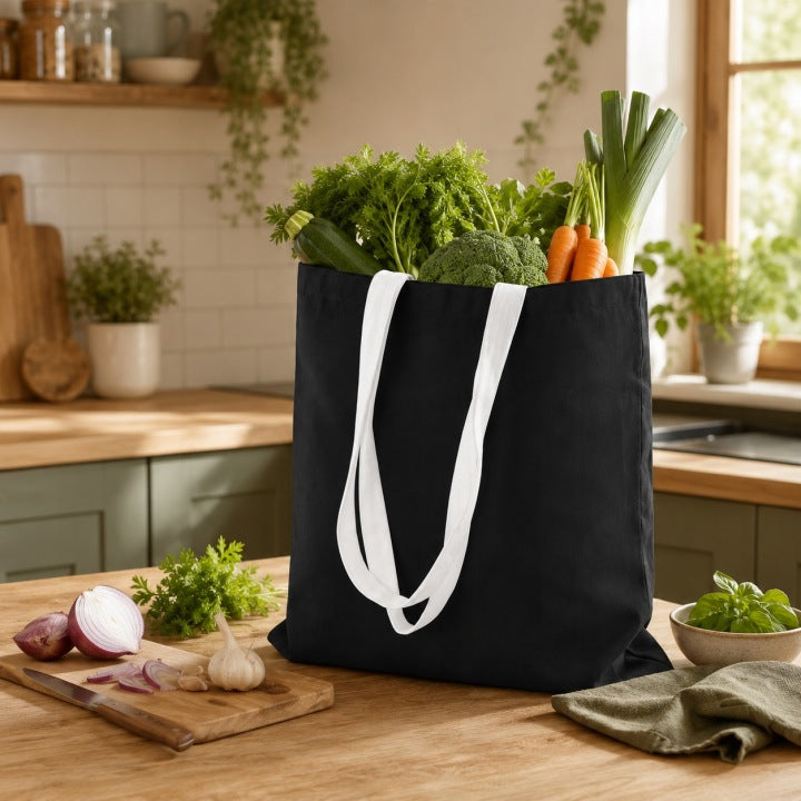 Baumwolltasche 380x420mm Schwarz Henkel: Weiß 70 cm
