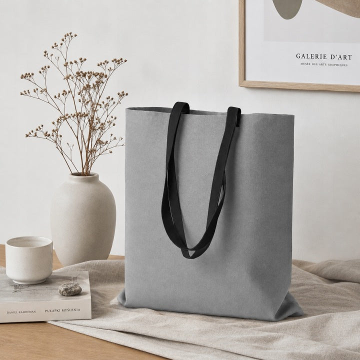 Baumwolltasche 380x420mm Grau Schwarzer Henkel: 70cm