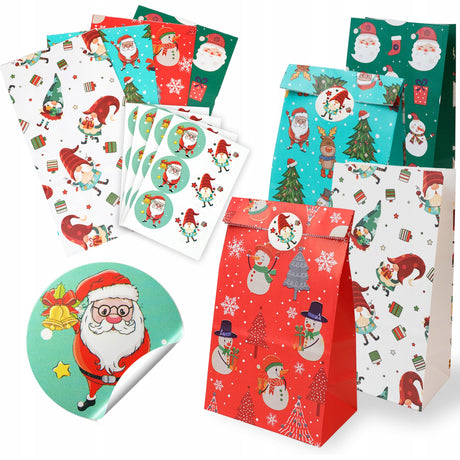 Weihnachts-Blockbodenbeutel 13+8x24 cm, Weihnachtsmann, Schneemann, Rentier, Wichtel, 4 Stück