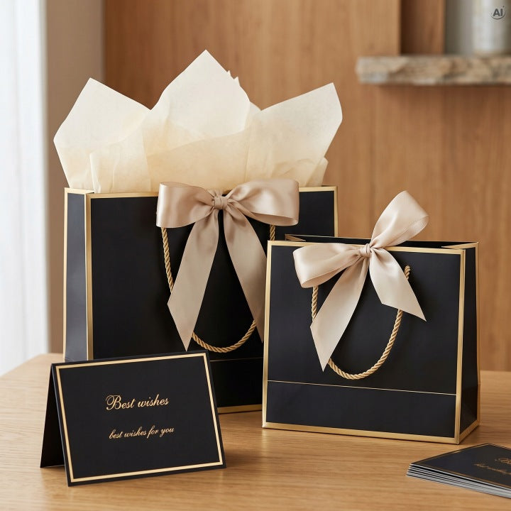 Laminierte Geschenktüte mit Schleife, schwarz, 2 Stück