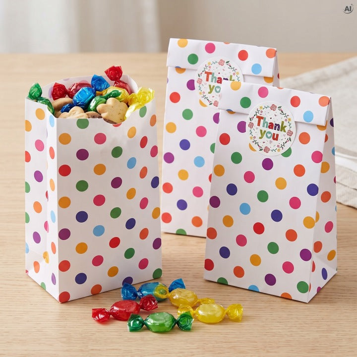 Papiertüte in Klappform, 130 x 80 x 235 mm bunte Punkte - 25 Stück