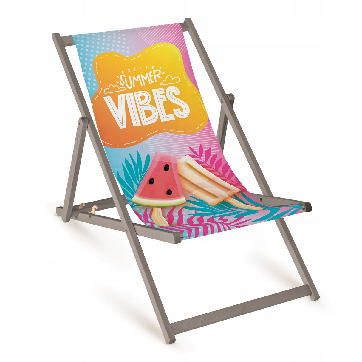 Holz-Liegestuhl Summer Vibes Fullprint mit grauem Gestell