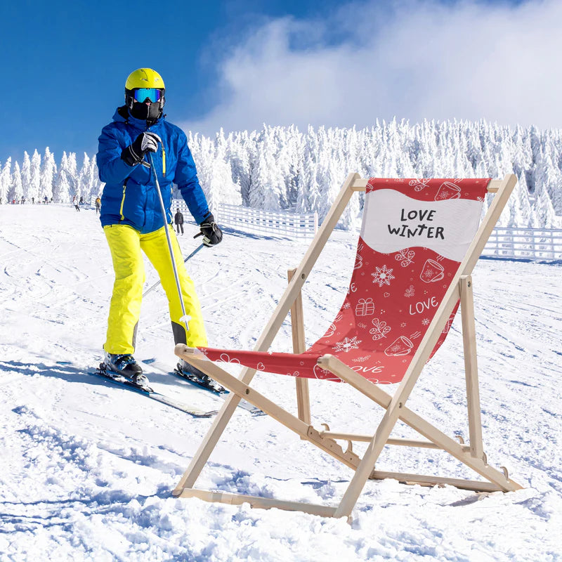 Liegestuhl aus Holz Rot mit LOVE WINTER-Aufdruck