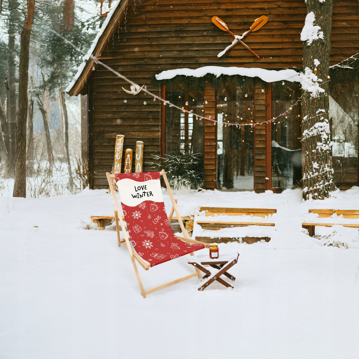 Liegestuhl aus Holz Rot mit LOVE WINTER-Aufdruck