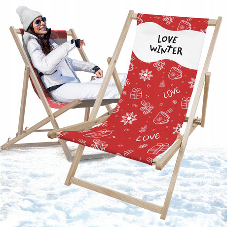 Liegestuhl aus Holz Rot mit LOVE WINTER-Aufdruck