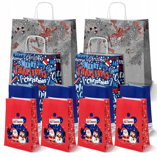 Set Weihnachts-Papiertragetaschen, 12 Stück, Marineblau, Grau und Rot