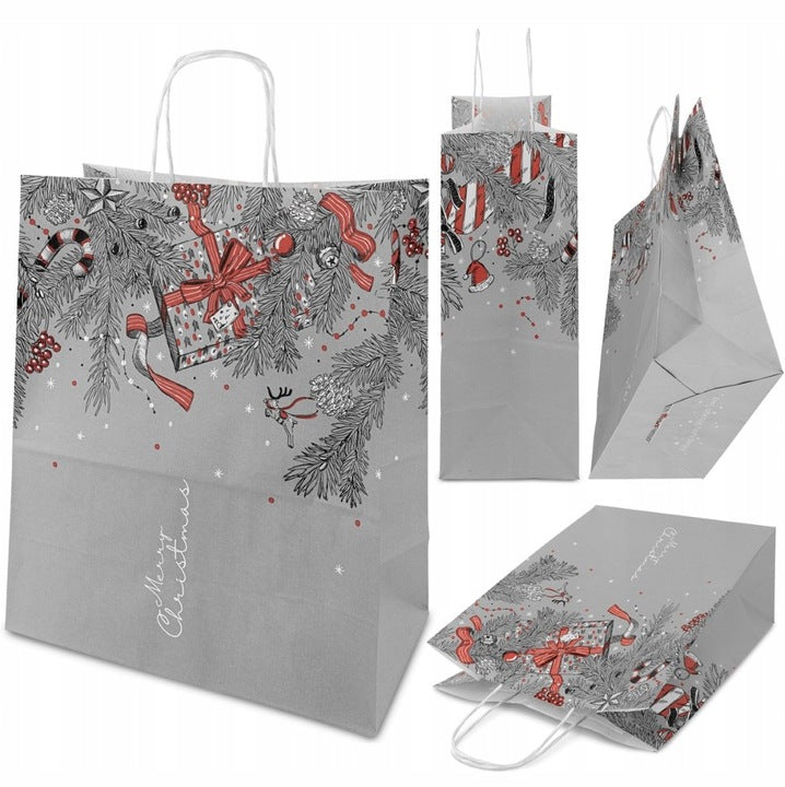 Set Weihnachts-Papiertragetaschen, 12 Stück, Marineblau, Grau und Rot