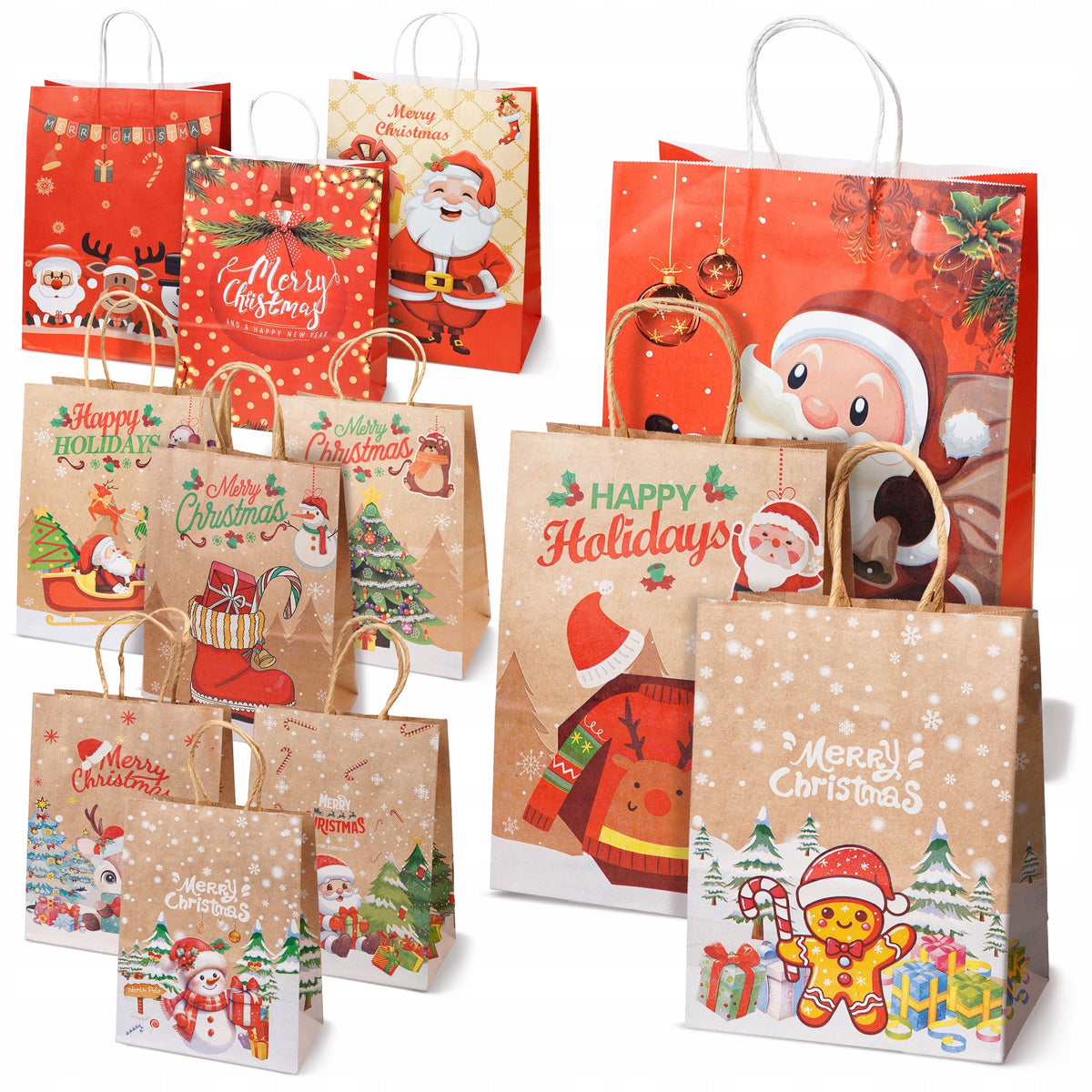 Set Weihnachts-Papiertragetaschen, 12 Stück, Happy Holiday