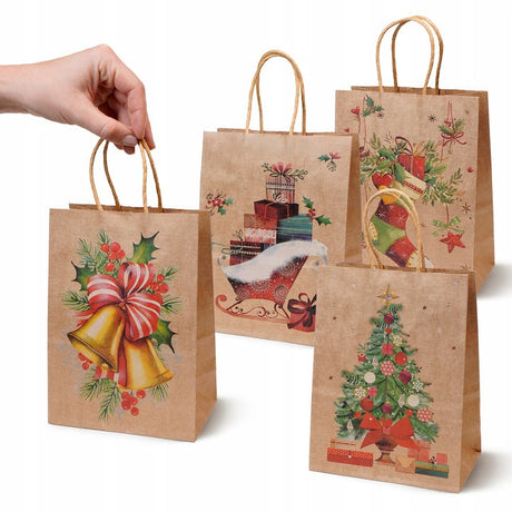 Set Weihnachts-Papiertragetaschen, 12 Stück, Kraft