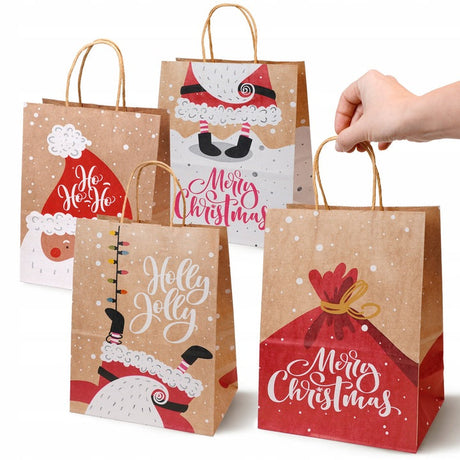 Set Weihnachts-Papiertragetaschen, 12 Stück, Kraft