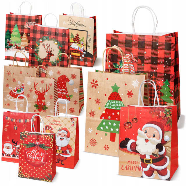 Set Weihnachts-Papiertragetaschen, 12 Stück, Karo