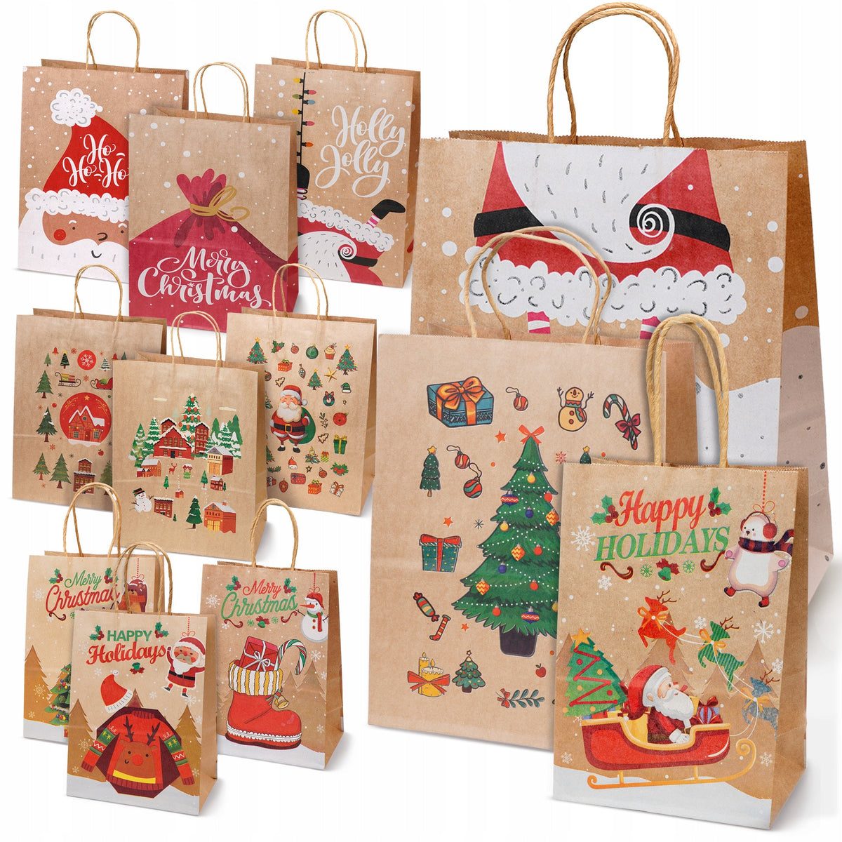 Set Weihnachts-Papiertragetaschen, 12 Stück, Merry Christmas