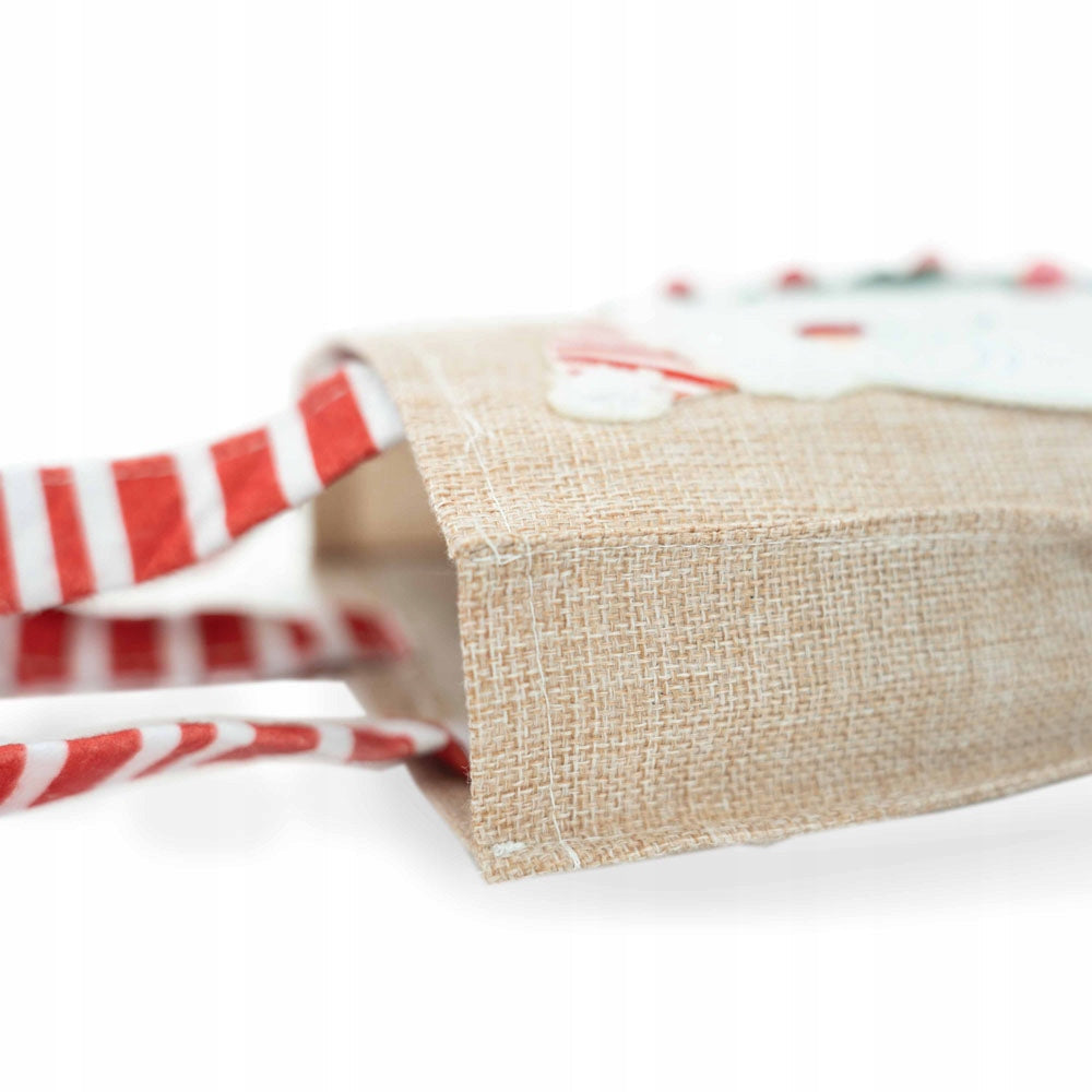 Jutetasche 15x4x19cm Beige mit rot gestreiften Griffen mit Weihnachtsmann-Motiv