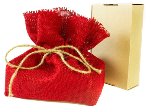 Weihnachtlicher roter Jute-Geschenkbeutel + Geschenkbox