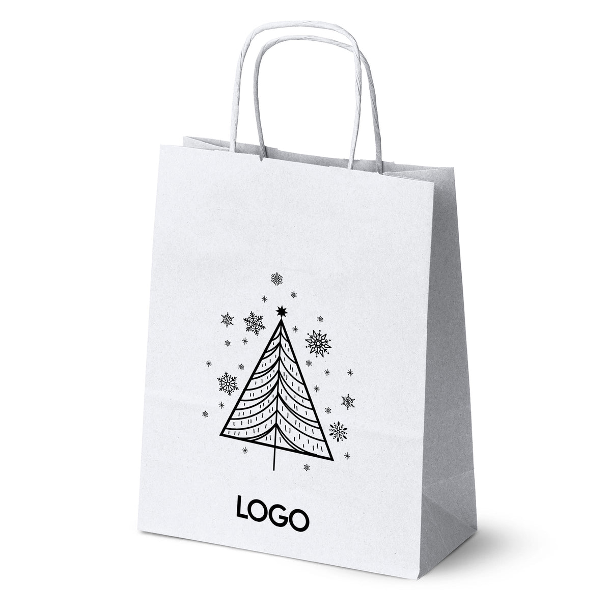 Weihnachts-Papiertragetasche mit Logo, Motiv SW-01, 18+8x22,5 cm, Weiß