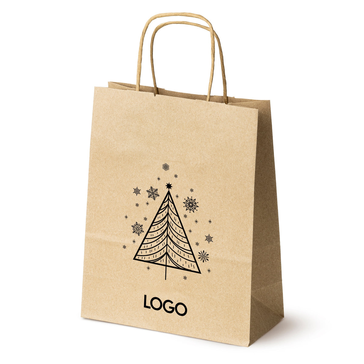 Weihnachts-Papiertragetasche mit Logo, Motiv SW-01, 18+8x22,5 cm, Braun (Kraft)