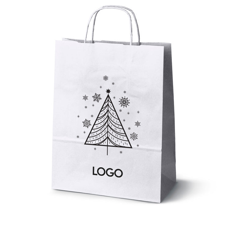 Weihnachts-Papiertragetasche mit Logo, Motiv SW-01, 24+10x32 cm, Weiß