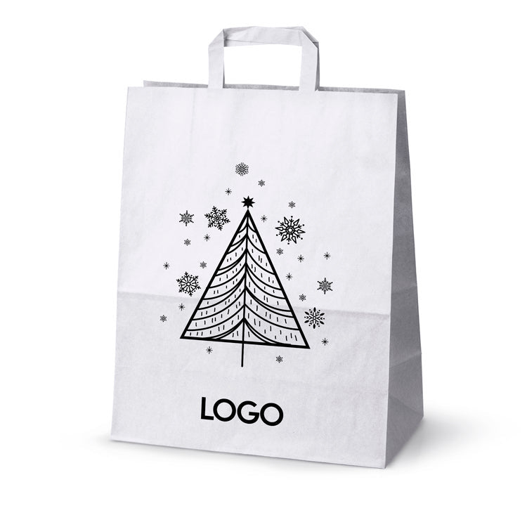 Weihnachts-Papiertragetasche mit Logo, Motiv SW-01, 32+16x39 cm, Weiß