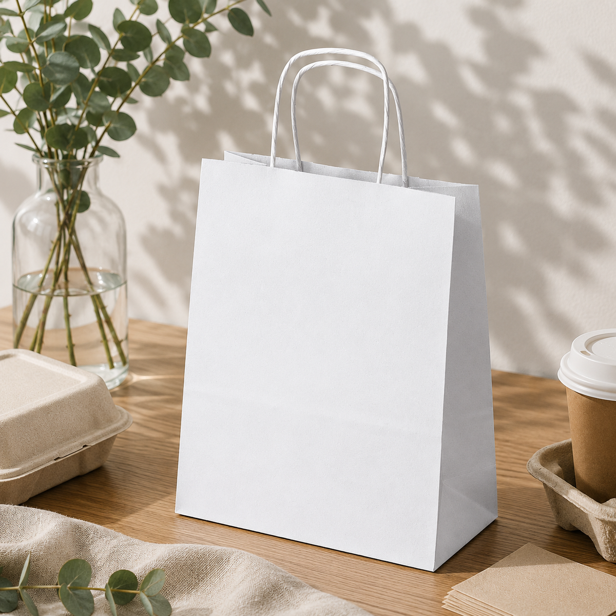 Papiertüte mit gedrehtem Tragegriff, 180 x 80 x 225 mm – Weiß