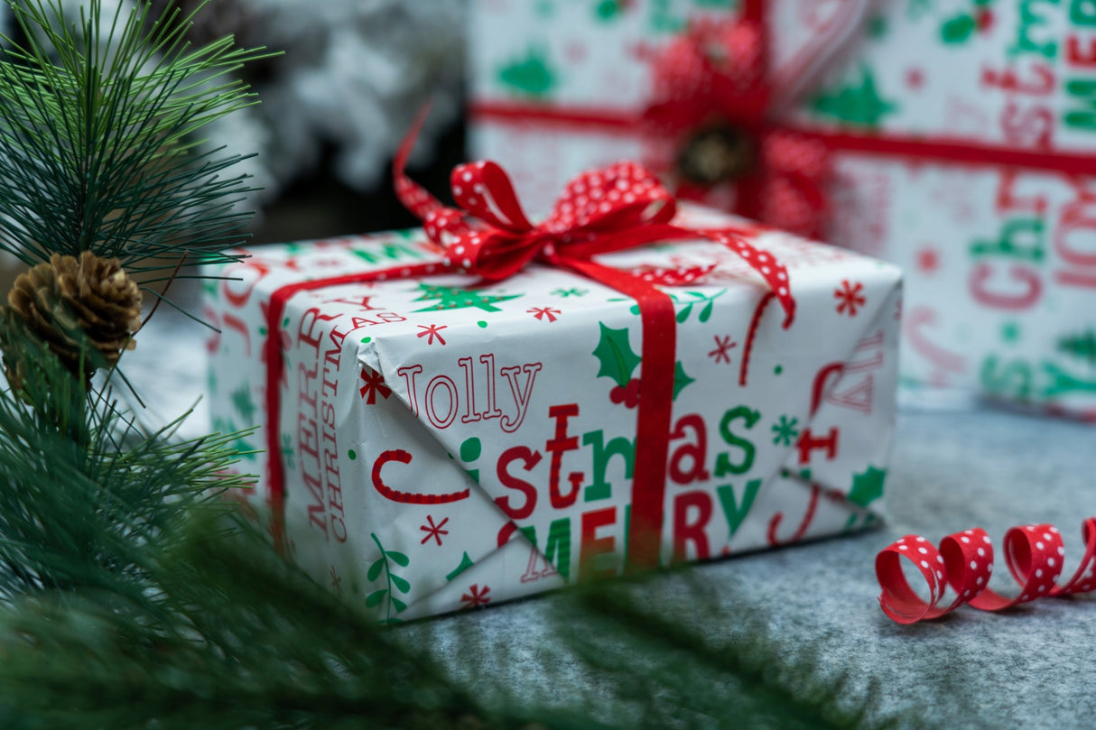 Weihnachtsgeschenkpapier weiß 70cm×5m "Frohe Weihnachten" Muster