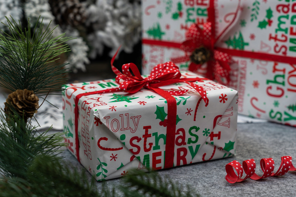 Weihnachtsgeschenkpapier weiß 70cm×5m "Frohe Weihnachten" Muster