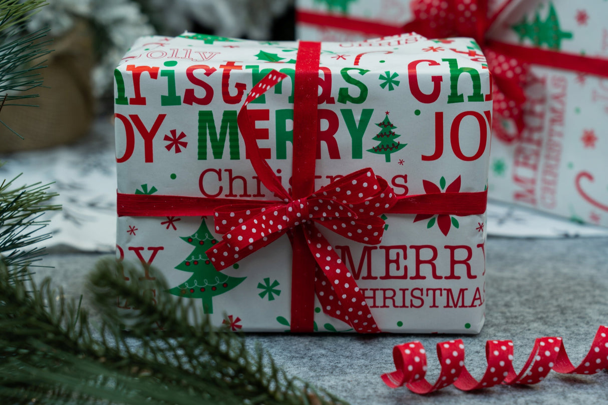 Weihnachtsgeschenkpapier weiß 70cm×5m "Frohe Weihnachten" Muster