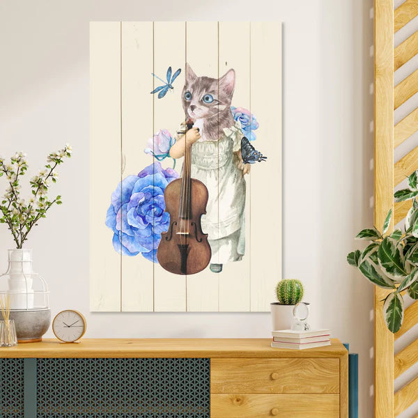 Wanddeko Holz - Cat with Fiddle in Flowers