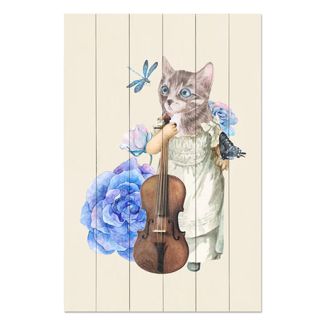 Wanddeko Holz - Cat with Fiddle in Flowers