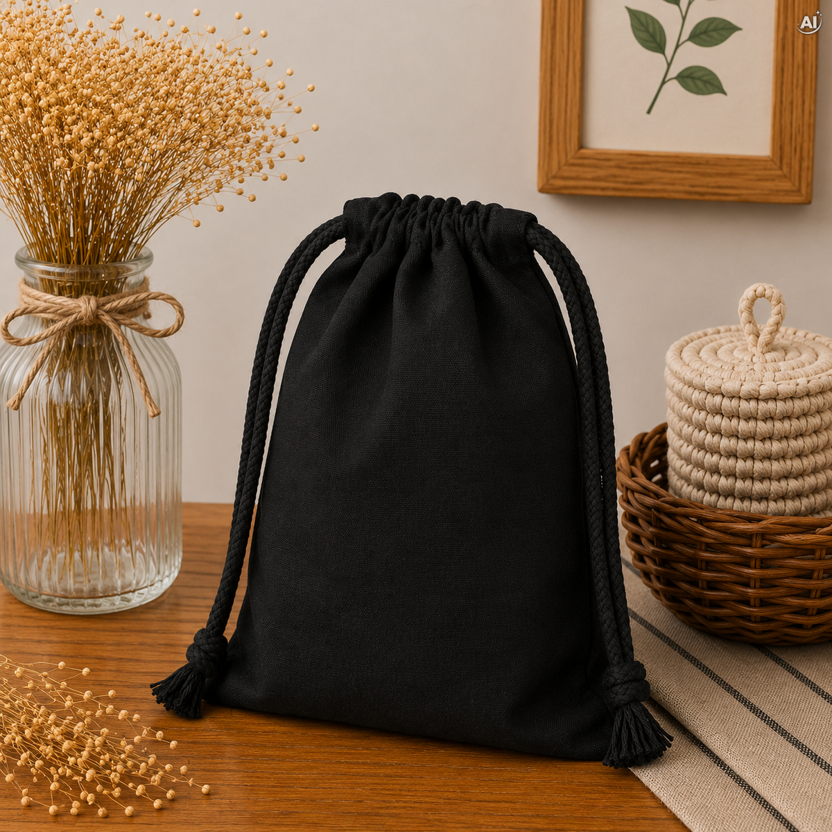Baumwollbeutel mit Kordelzug 15 x 15 cm, 220 g/m², schwarz – Bild 2