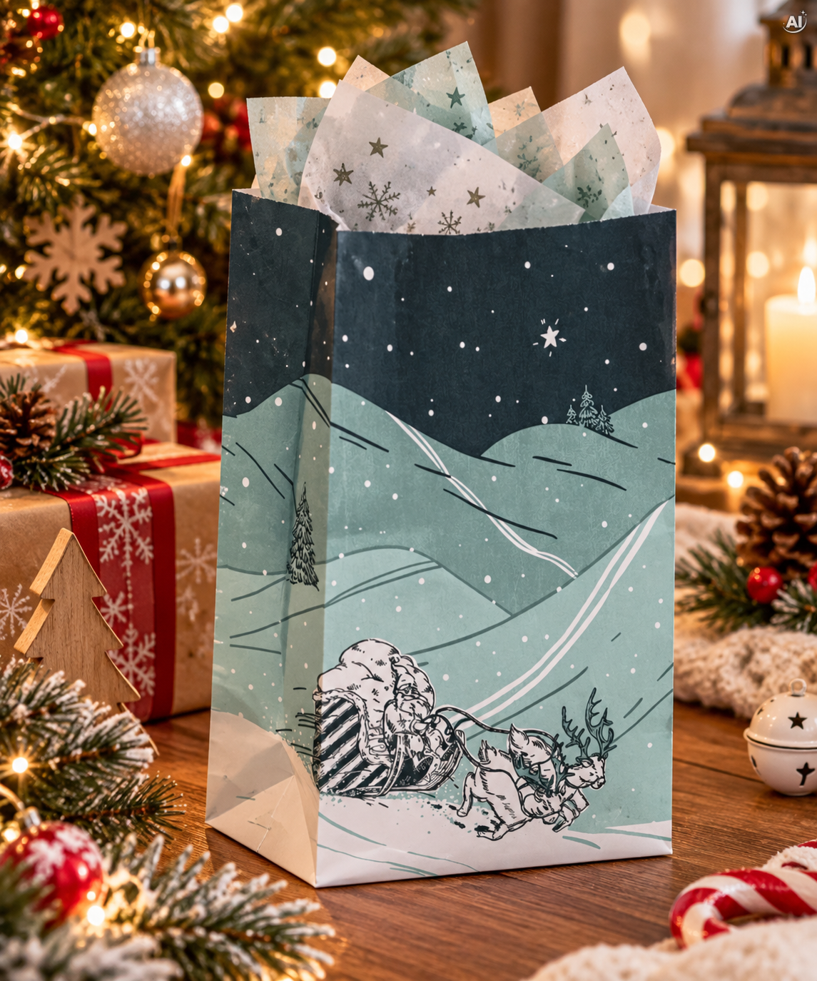 Weihnachts-Blockbodenbeutel 12+5x22 cm, Tannenbaum, 25 Stück