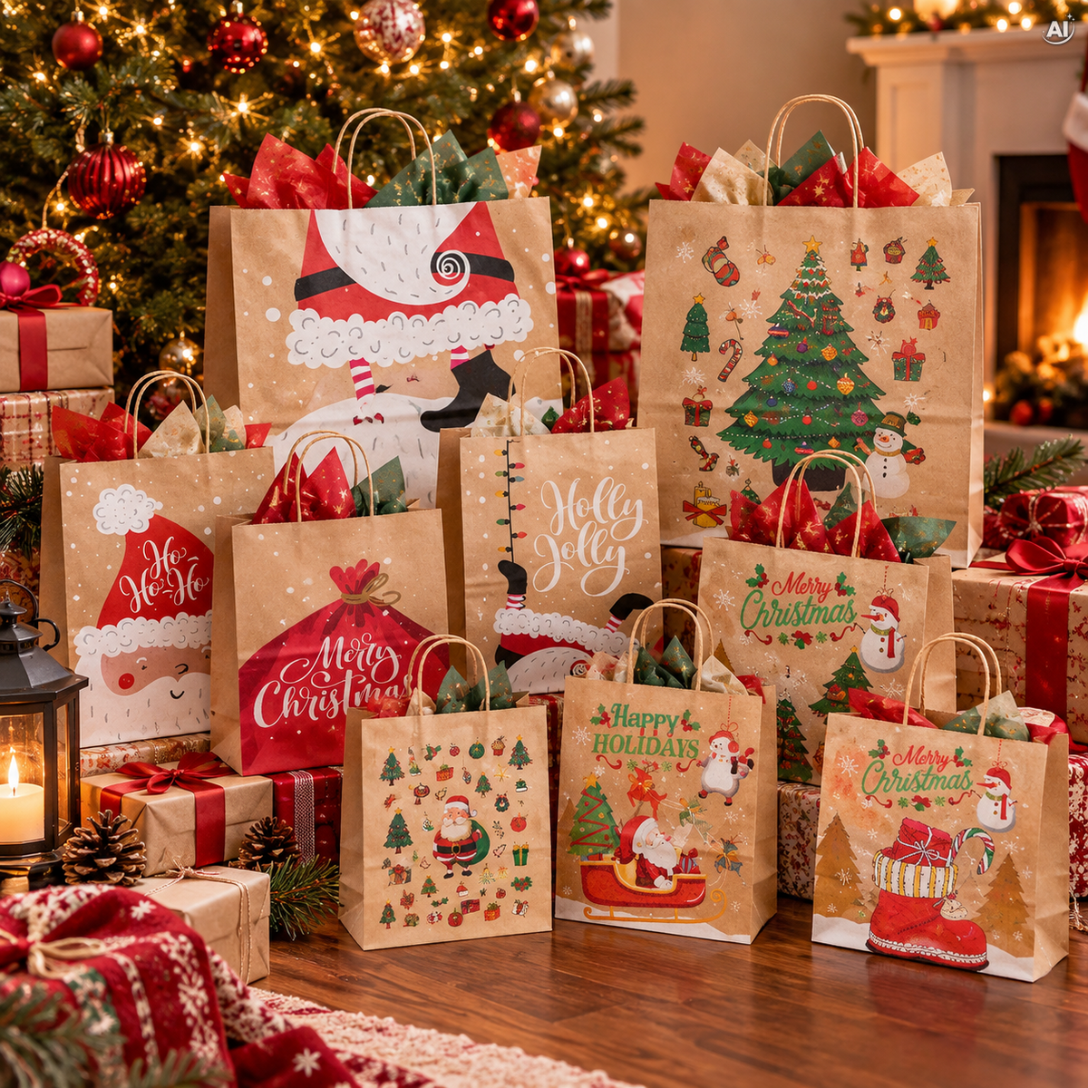 Set Weihnachts-Papiertragetaschen, 12 Stück, Merry Christmas