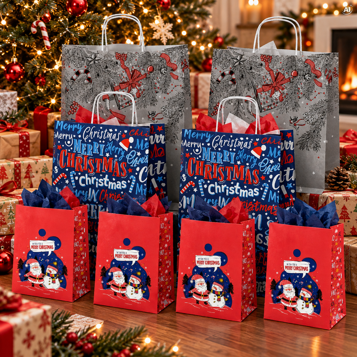 Set Weihnachts-Papiertragetaschen, 12 Stück, Marineblau, Grau und Rot