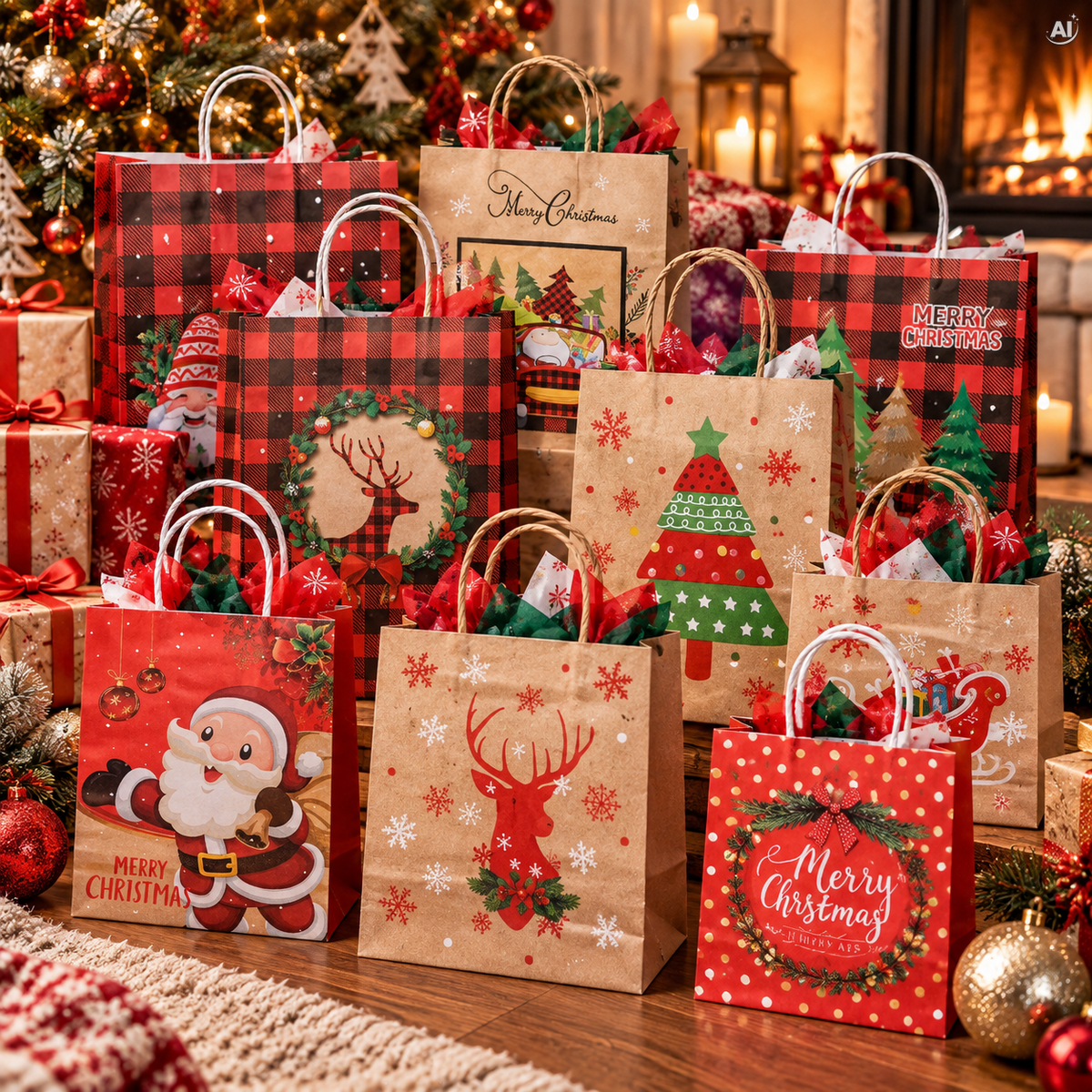 Set Weihnachts-Papiertragetaschen, 12 Stück, Karo